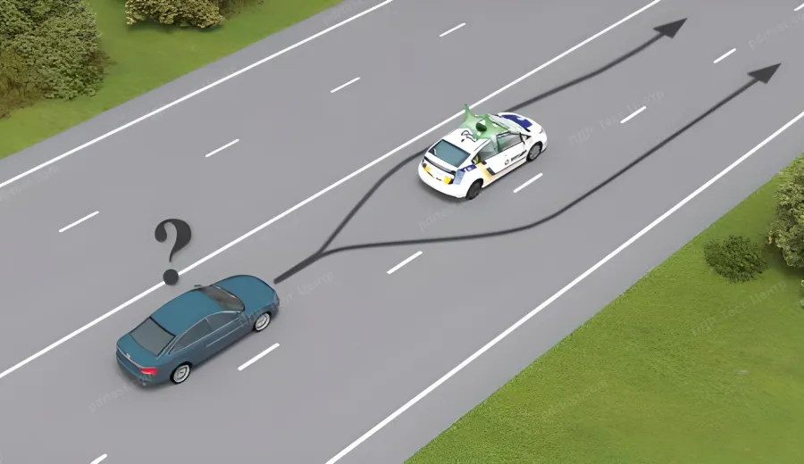 Чи дозволено водієві синього автомобіля виконати випередження автомобіля що супроводжує колону і рухається з увімкненим зеленим проблисковим маячком?