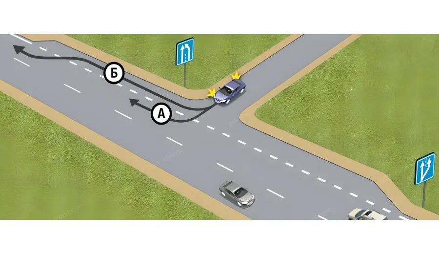 Яким шляхом водій правильно виконує поворот на дорогу зі смугою для розгону?