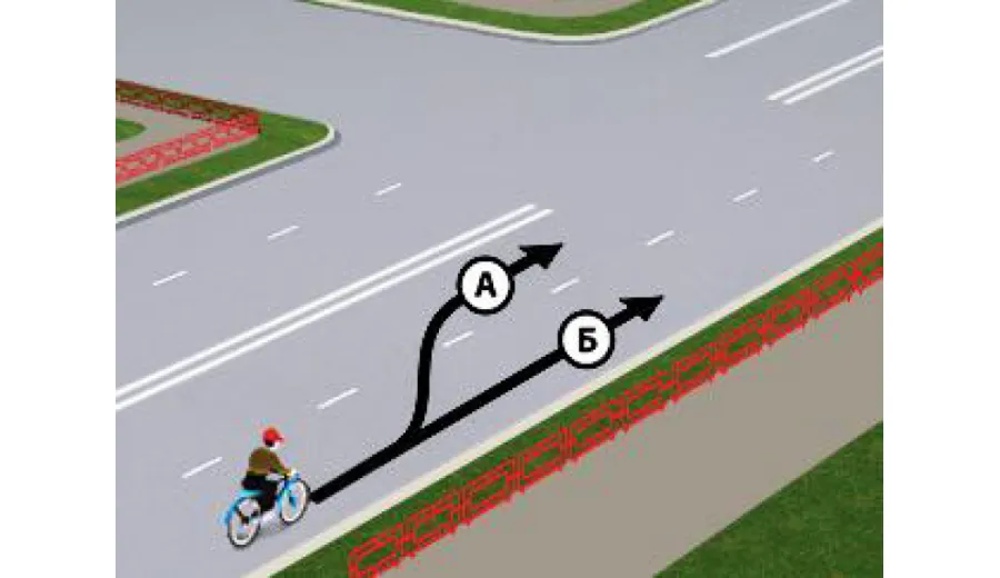 По якій траєкторії велосипедистові дозволено подальший рух?