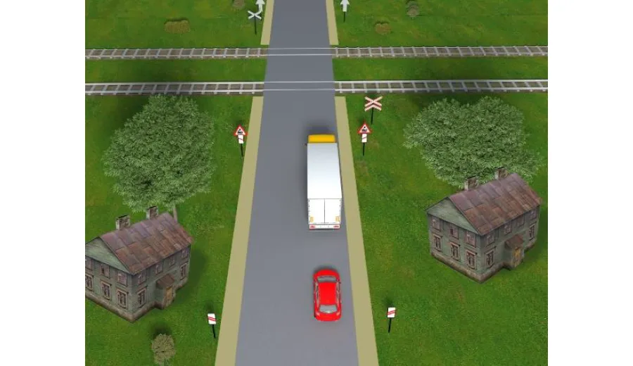 Як в цій ситуації вчинити водієві червоного автомобіля, для того щоб обігнати великогабаритний вантажний автомобіль?