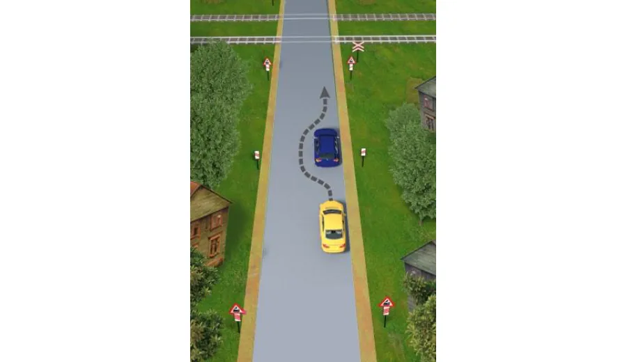 Чи дозволено водієві жовтого автомобіля виконати обгін синього так, як показано на малюнку?