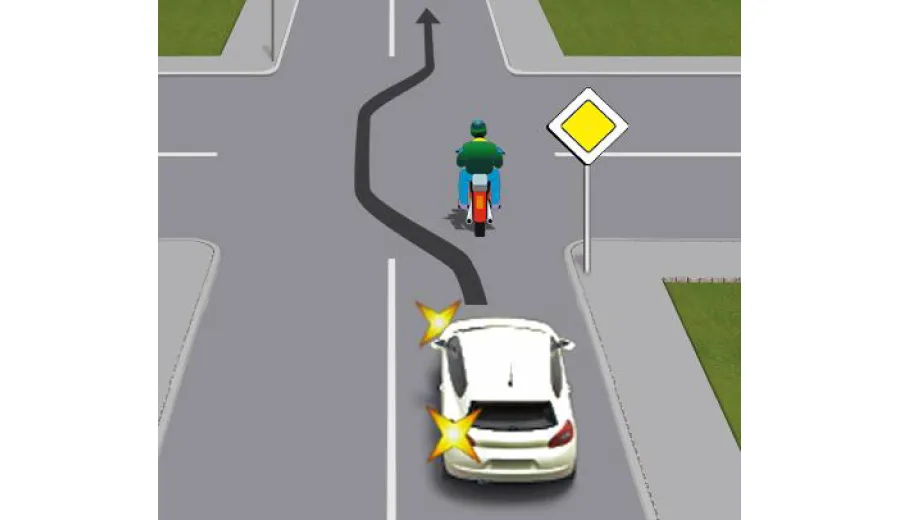 Чи дозволяється водієві автомобіля виконати обгін мотоцикліста на цьому перехресті?