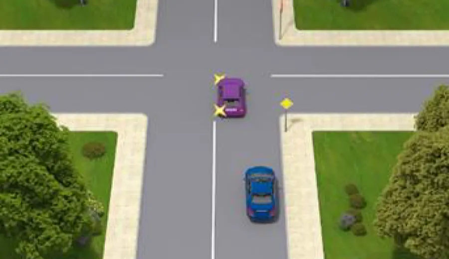 Як повинен вчинити водій синього автомобіля, що рухається прямо, у даній ситуації?