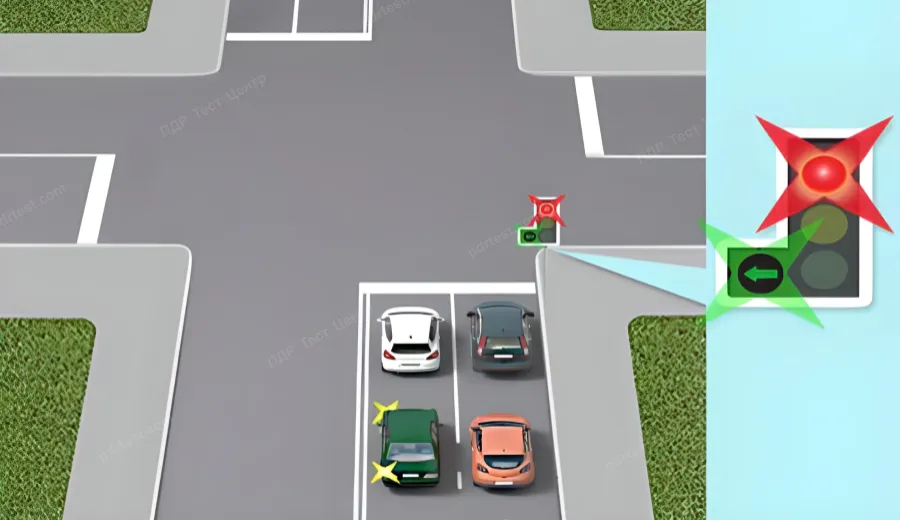 Як повинен у даній ситуації вчинити водій білого автомобіля, який очікує ввімкнення сигналу світлофора, що дозволяє рух, щоб їхати прямо?