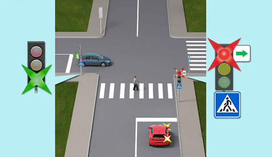 Як повинен вчинити водій червоного автомобіля, що збирається повертати праворуч, у даній ситуації?