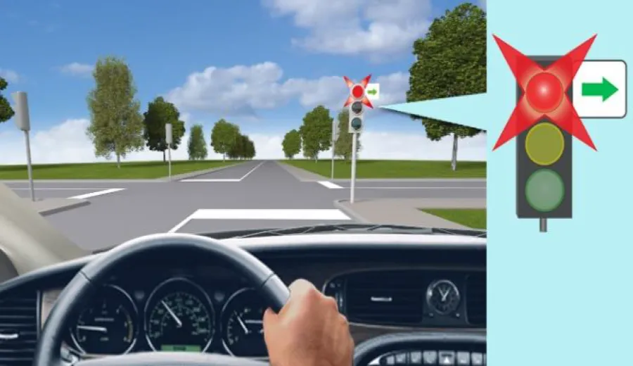 Чи дозволено Вам повернути праворуч у даній ситуації при ввімкненому червоному сигналі світлофора?