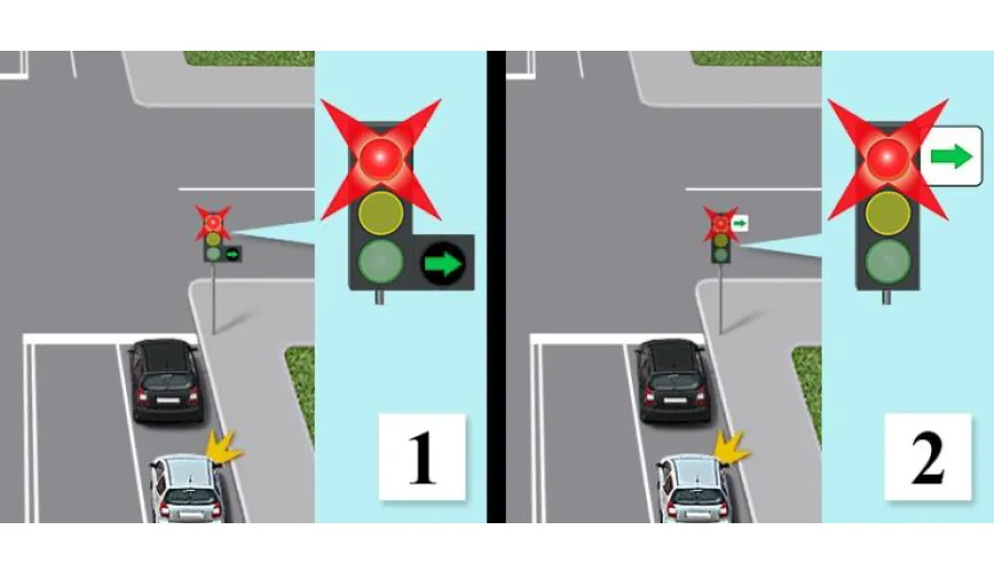 На якому малюнку водій чорного автомобіля, який зупинився на заборонний сигнал світлофора, щоб потім їхати в прямому напрямку, обов'язково повинен продовжити рух праворуч (у напрямку стрілки), коли транспортний засіб, що наближається ззаду, подав сигнал повороту праворуч?