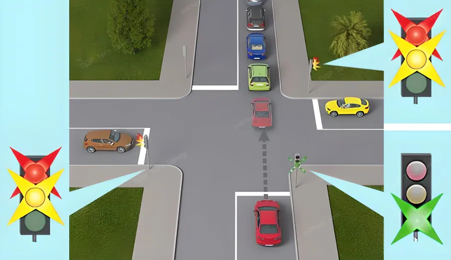 Чи дозволено водієві червоного автомобіля виїхати на перехрестя на зелений миготливий сигнал світлофора, якщо за перехрестям утворився затор і йому буде потрібно зупинитися на перехресті?