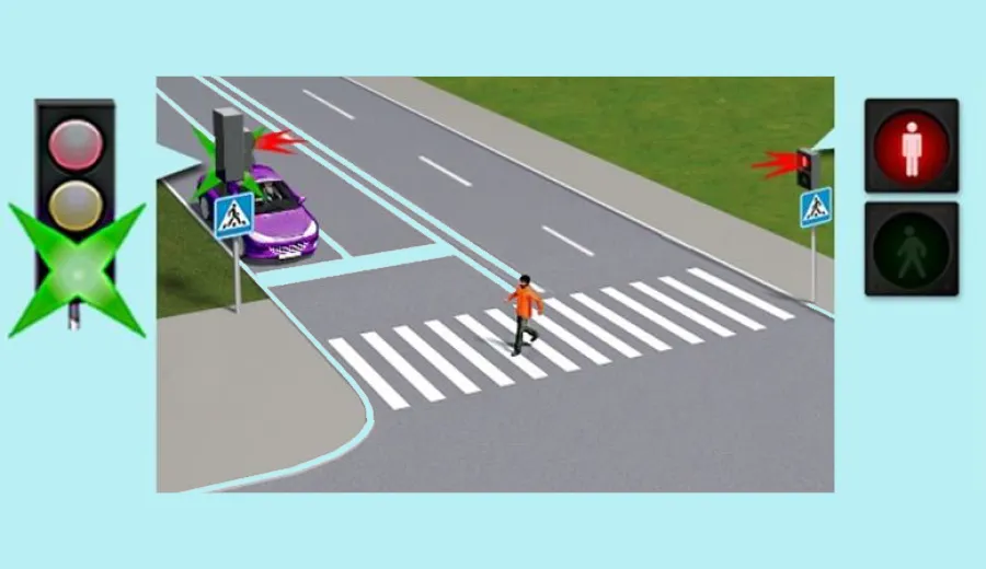 Як повинен вчинити водій автомобіля в даній ситуації, коли йому ввімкнувся сигнал світлофора, що дозволяє рух?