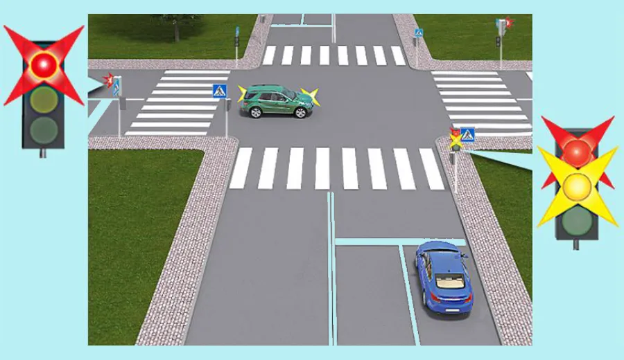Як повинен вчинити водій синього автомобіля у разі ввімкнення зеленого сигналу світлофора?