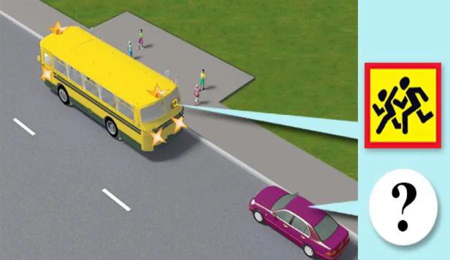 Як повинні вчинити водії, наближаючись до транспортного засобу з розпізнавальним знаком «Діти», що стоїть з увімкненою аварійною сигналізацією та проблисковим маячком оранжевого кольору?