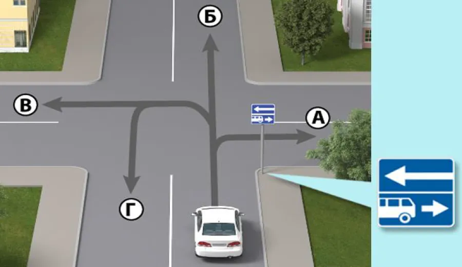 У якому з напрямків дозволено рух водієві білого автомобіля в зображеній ситуації?