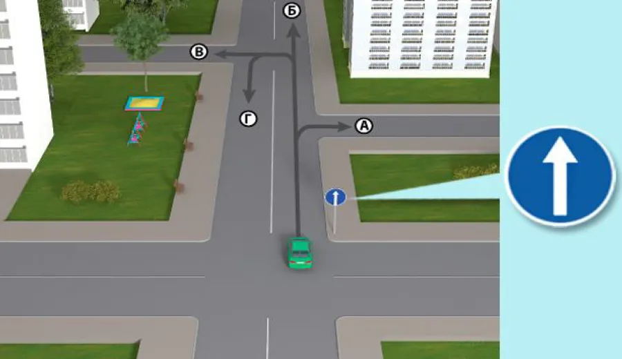 У якому напрямку водієві зеленого автомобіля дозволено рух у зображеній ситуації?