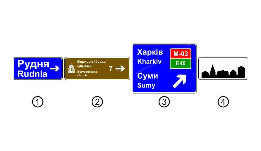Який із зображених дорожніх знаків інформує про напрямок руху до зазначених на ньому пам'яток?