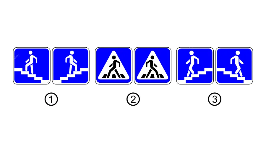 Якими із зображених дорожніх знаків позначаються місця, призначені для переходу пішоходами по проїзній частині?