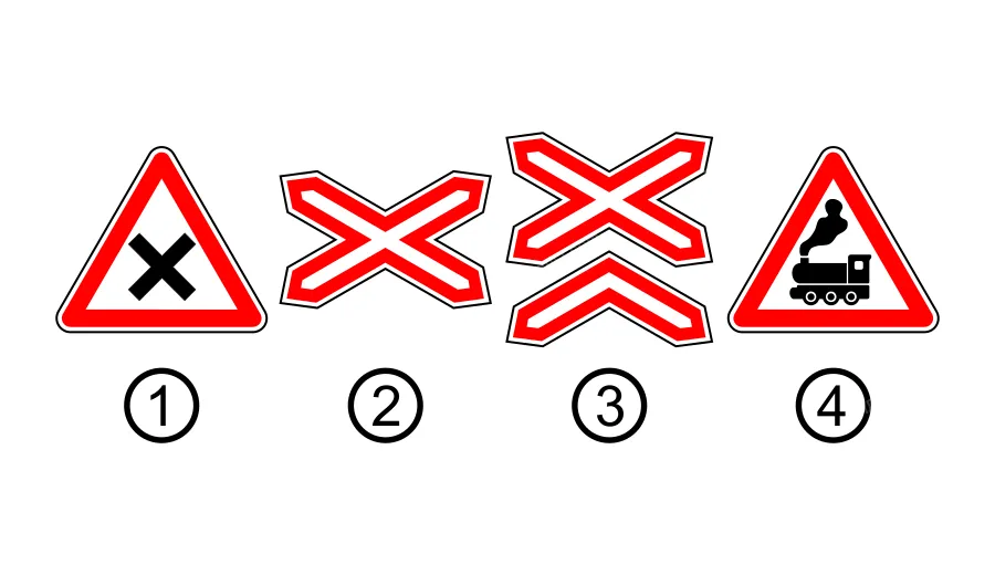 Який із зображених дорожніх знаків встановлюється безпосередньо перед залізничним переїздом без шлагбаума з двома і більше коліями?