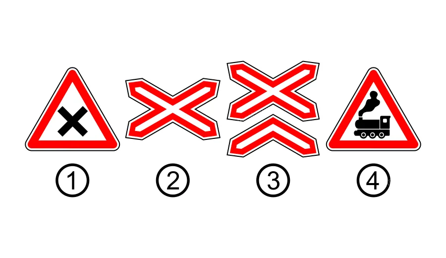 Який із зображених дорожніх знаків встановлюється безпосередньо перед залізничним переїздом без шлагбаума з однією колією?