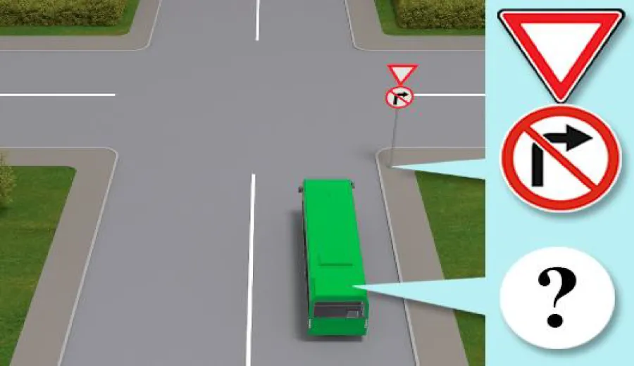 Чи дозволено автобусу, який рухається за встановленим маршрутом, повернути праворуч на зображеному перехресті?