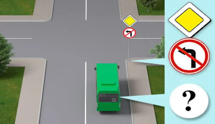 Чи дозволено водієві автобуса, що рухається за встановленим маршрутом, повернути ліворуч у зображеній ситуації?