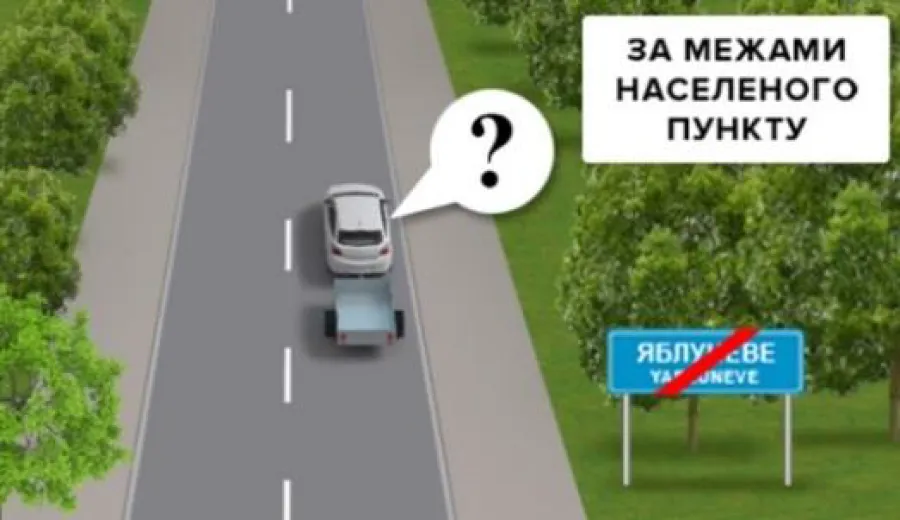 З якою максимальною швидкістю дозволено рух білого автомобіля з причепом на ділянці дороги за межами населеного пункту?
