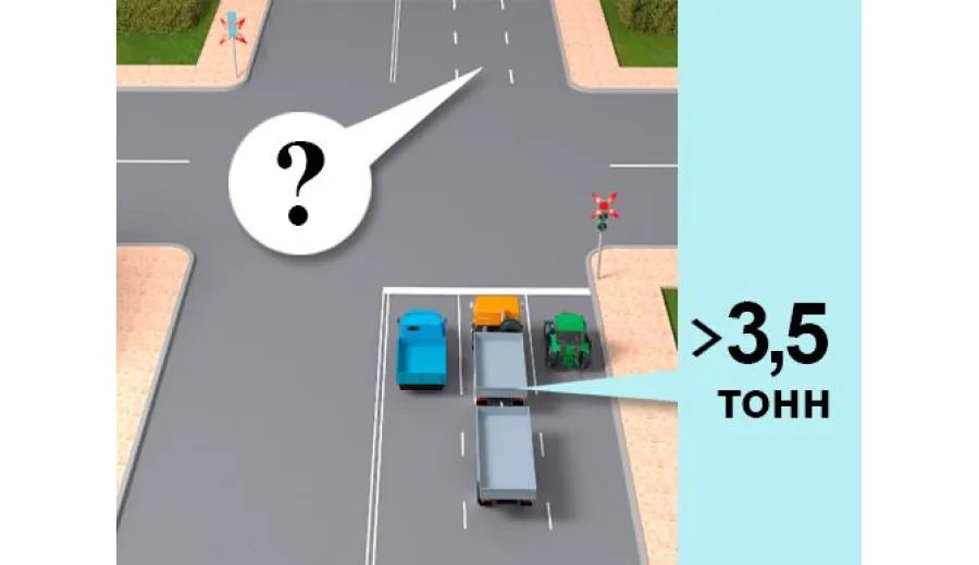 Хто з водіїв вантажних автомобілів із дозволеною максимальною масою понад 3,5 т і трактора правильно зайняв смугу для руху прямо?